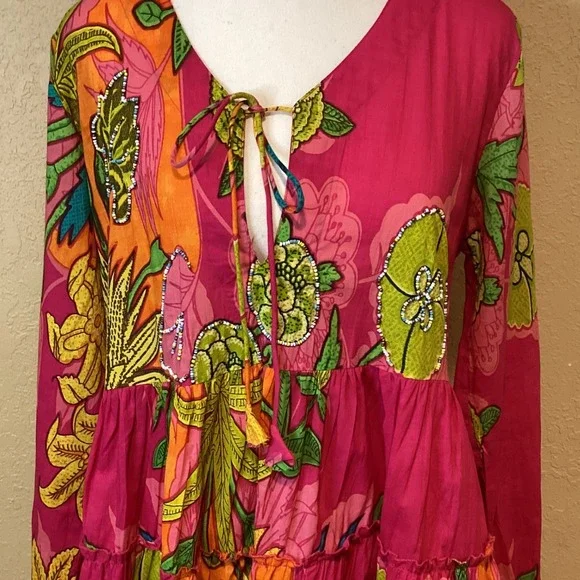 Velzera Hot Pink Long Sleeve Tiered Mini Dress, Size Medium, runs small, Floral - Picture 2 of 7